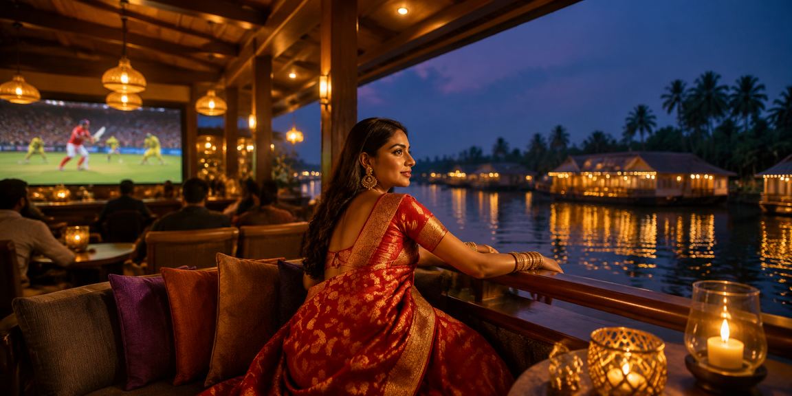 Cricket fans discussing IPL bets while using mobile devices by Kerala backwaters