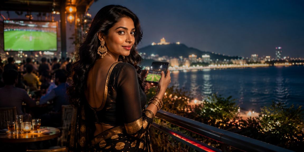 Young Indian woman placing Aviator bets on mobile in Pune city